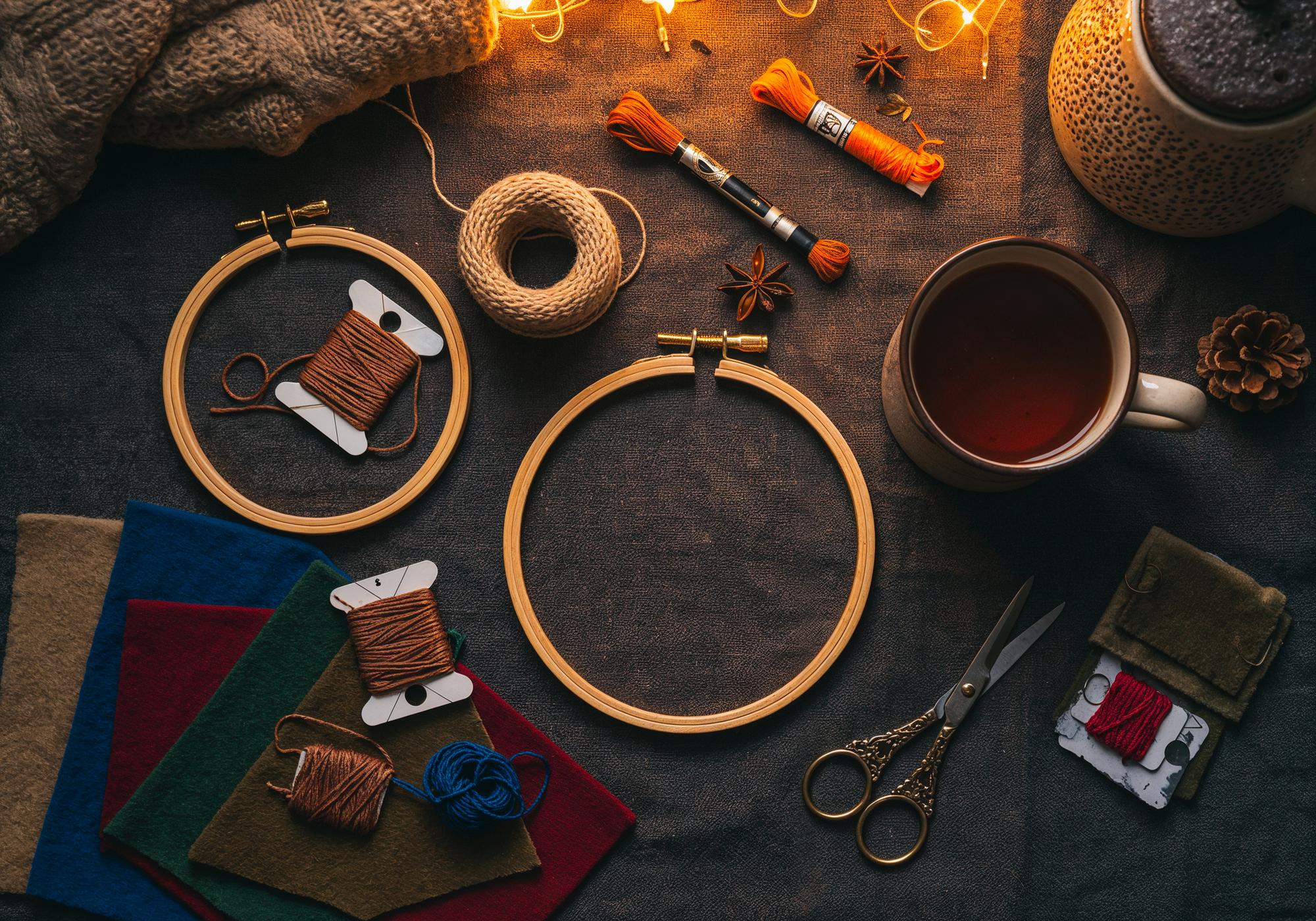 Atelier with threads and hoop on wooden table